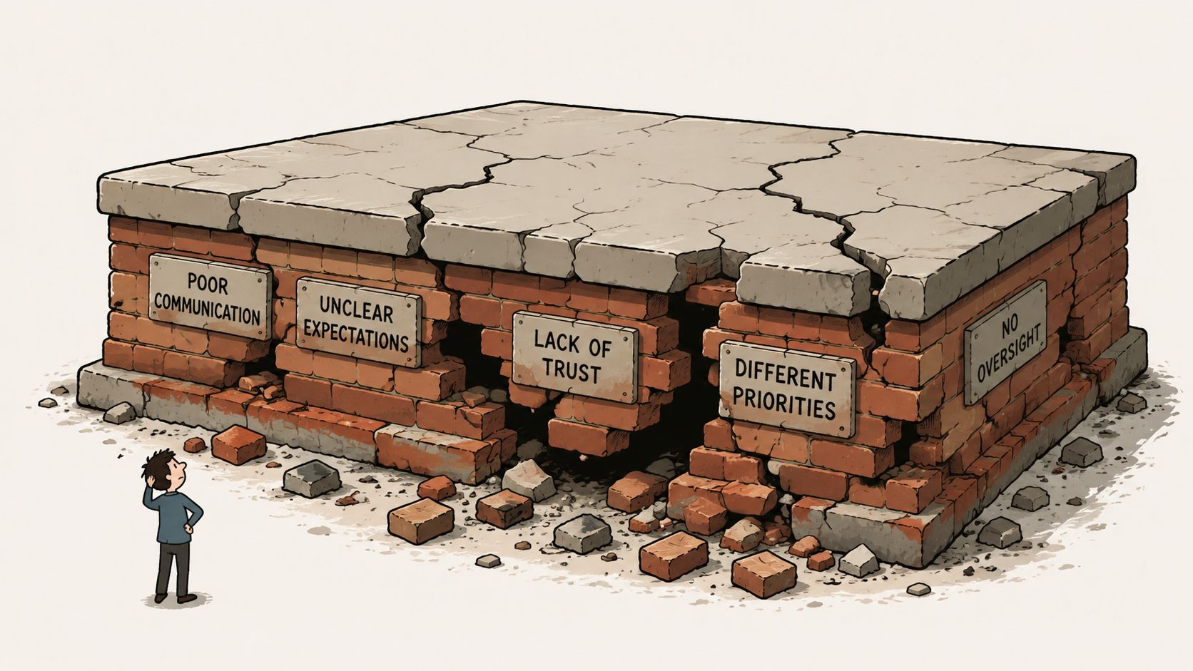 Een persoon kijkt naar een instortende bakstenen muur met teksten over veelvoorkomende management- en communicatieproblemen.
