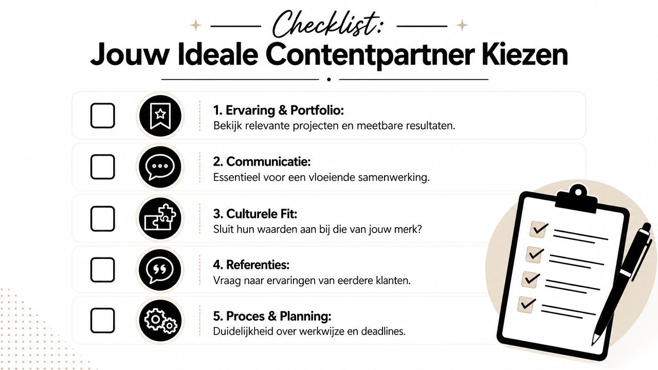 Een checklist voor het kiezen van een ideale contentpartner met vijf stappen voor effectieve zakelijke samenwerking.