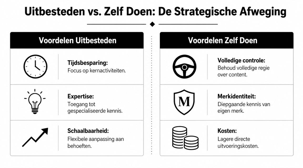 Een infographic die de voor- en nadelen vergelijkt van content marketing uitbesteden versus het zelf doen.