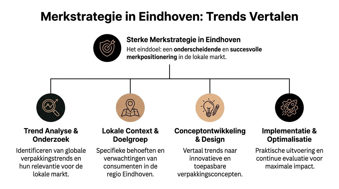 Een overzichtelijk diagram over merkstrategie en het vertalen van verpakkingstrends naar de lokale markt in Eindhoven.
