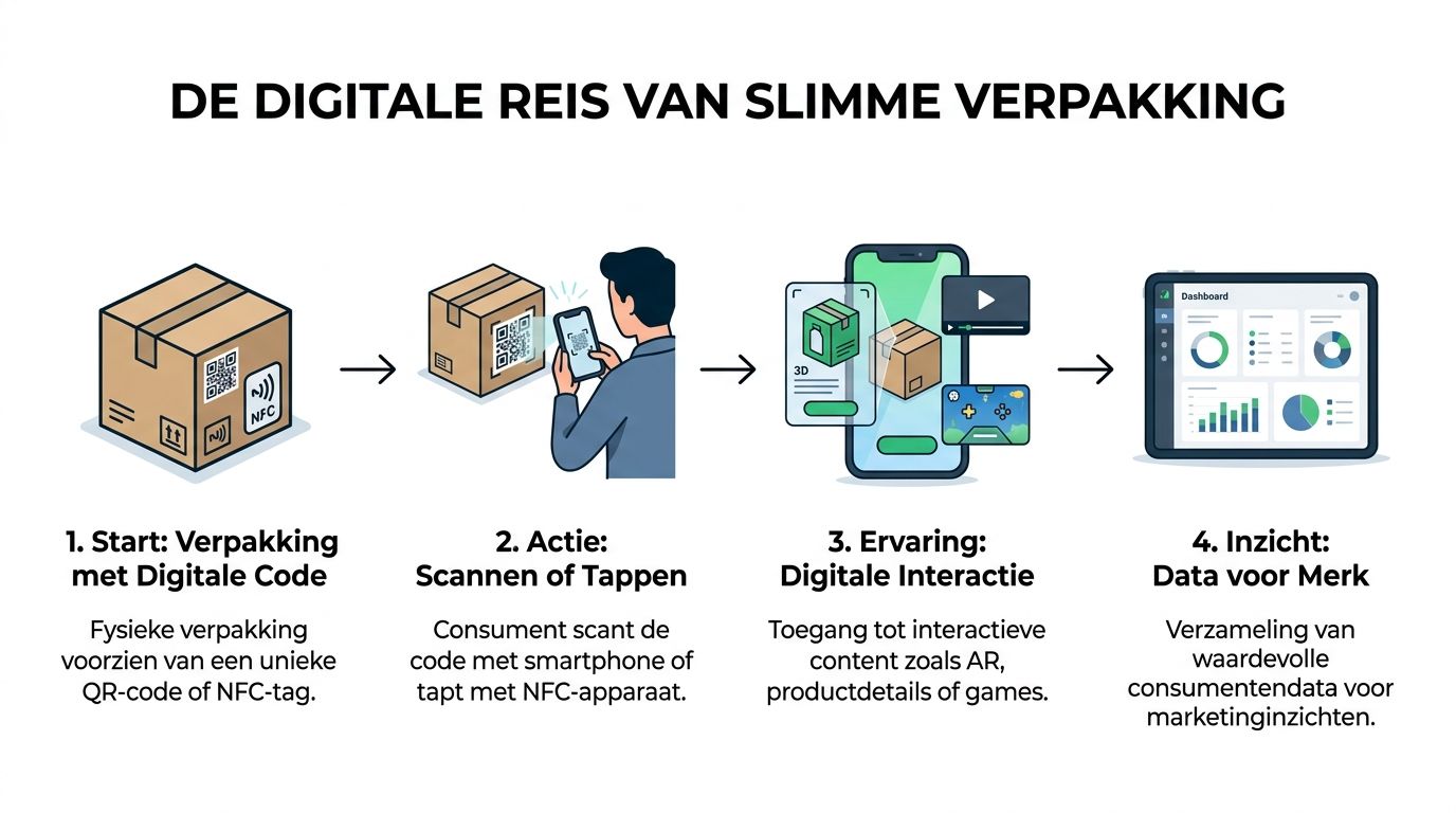 Een infographic die de digitale reis van slimme verpakking laat zien, van fysieke QR-codes naar interactieve klantinzichten.