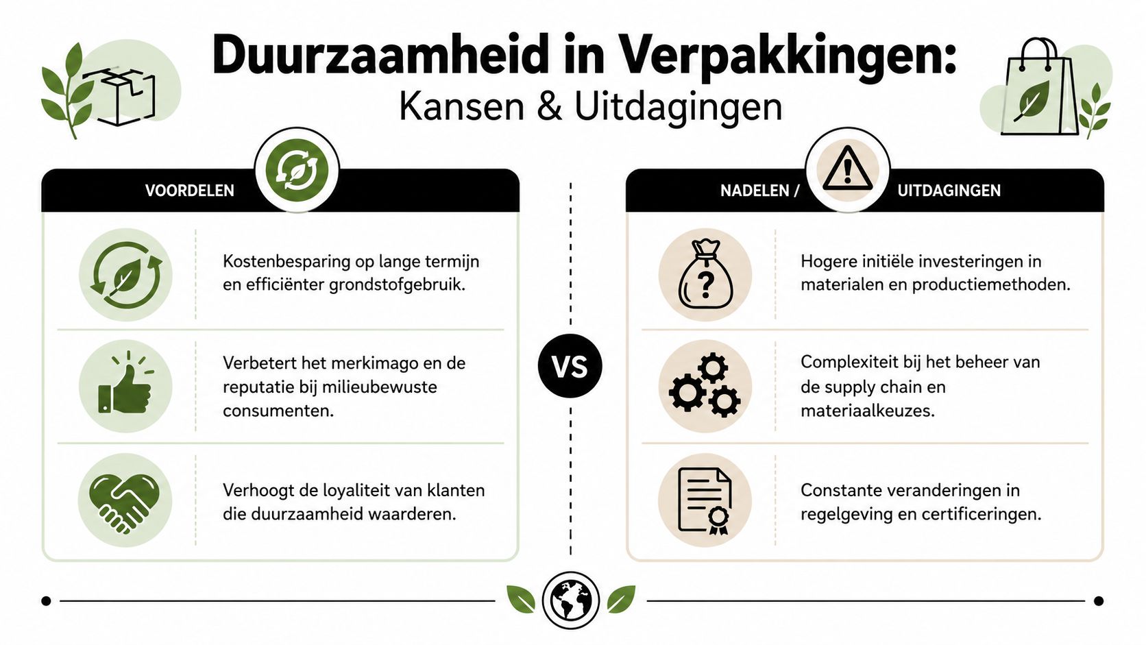 Een infographic die de voordelen tegenover de uitdagingen van duurzame verpakkingen voor bedrijven overzichtelijk weergeeft.