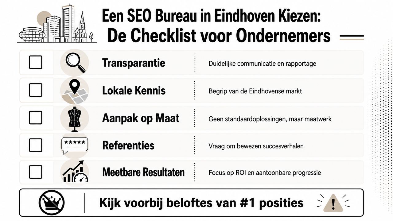 Een checklist voor ondernemers bij het kiezen van een SEO-bureau in Eindhoven, met belangrijke selectiecriteria.