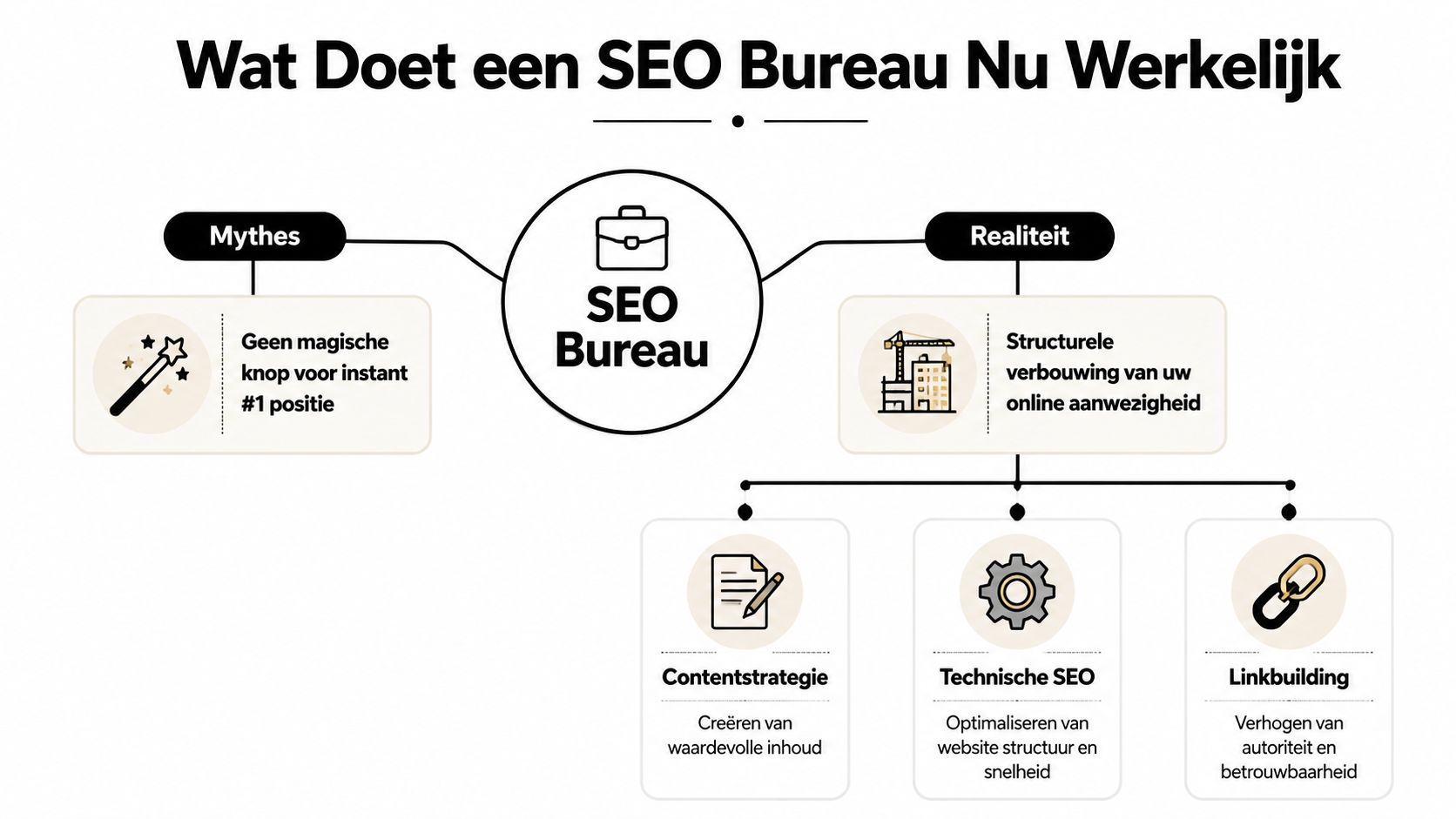Een infographic die de mythes en realiteit van wat een professioneel SEO bureau werkelijk voor u doet uitlegt.