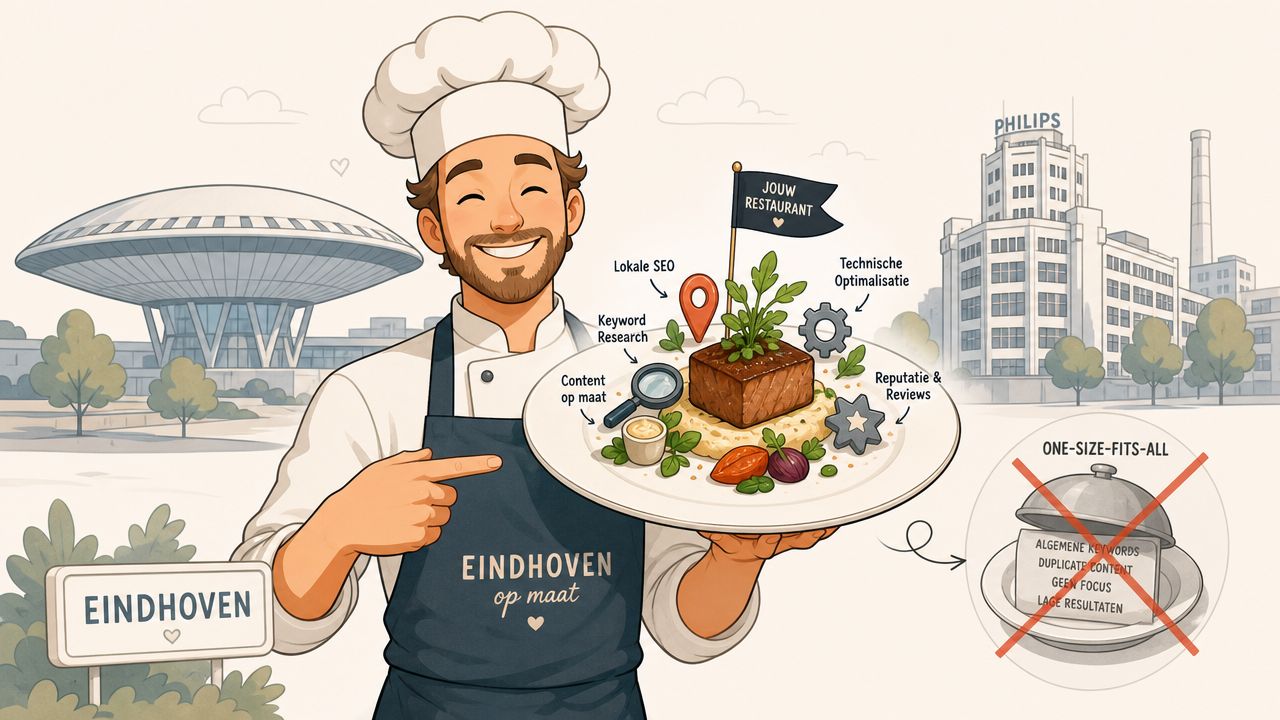 Een vriendelijke kok serveert een gerecht dat staat voor SEO op maat in de stad Eindhoven.