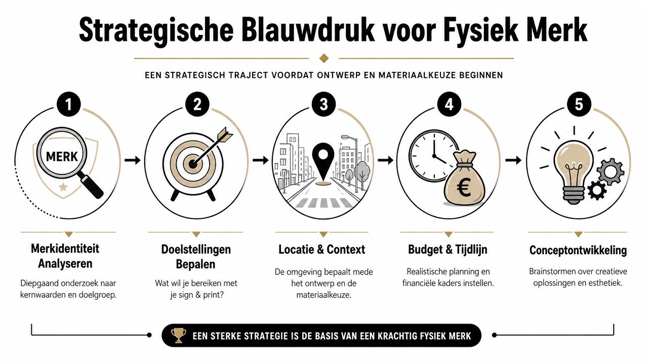 Een strategische blauwdruk voor fysiek merk met vijf stappen voor sign en print ontwerp en materiaalkeuze.