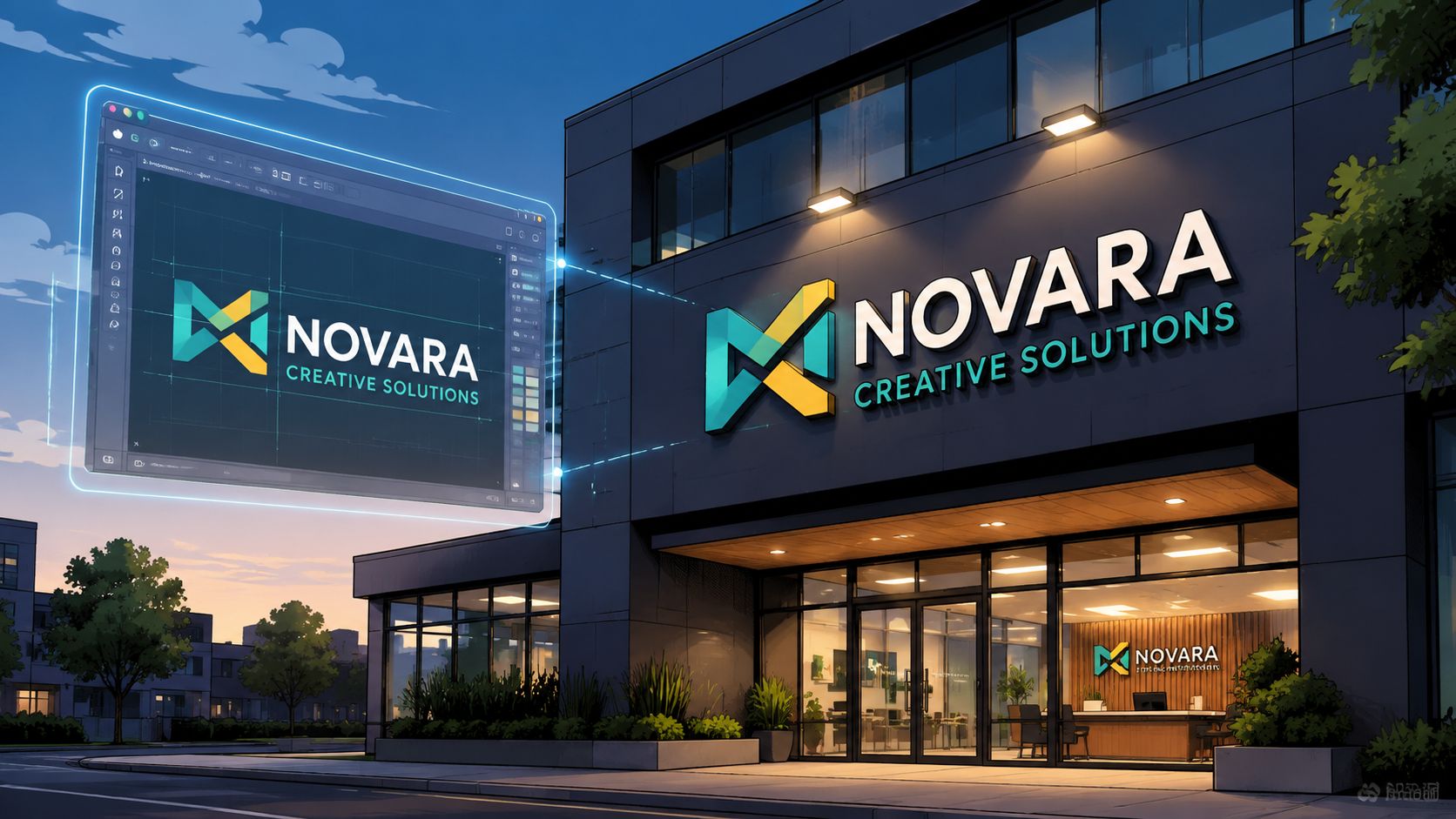 Een modern kantoorgebouw met een verlicht 3D-logo van Novara Creative Solutions aan de gevel in de avond.