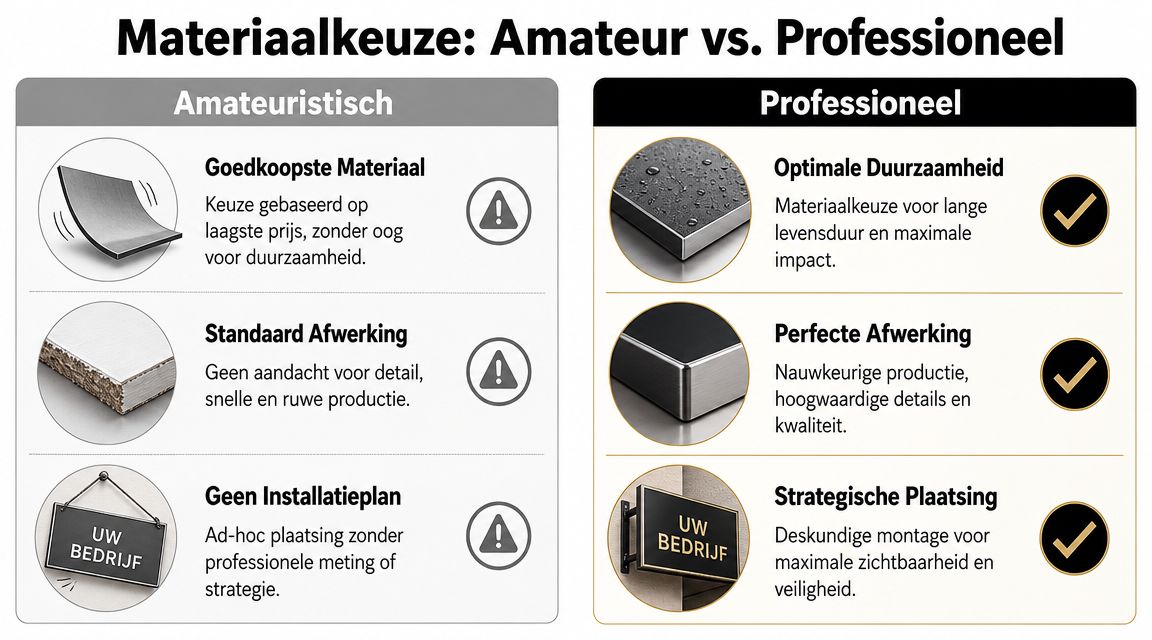 Vergelijkingstabel tussen amateuristische en professionele materiaalkeuze en afwerking voor zakelijke reclameborden en belettering.