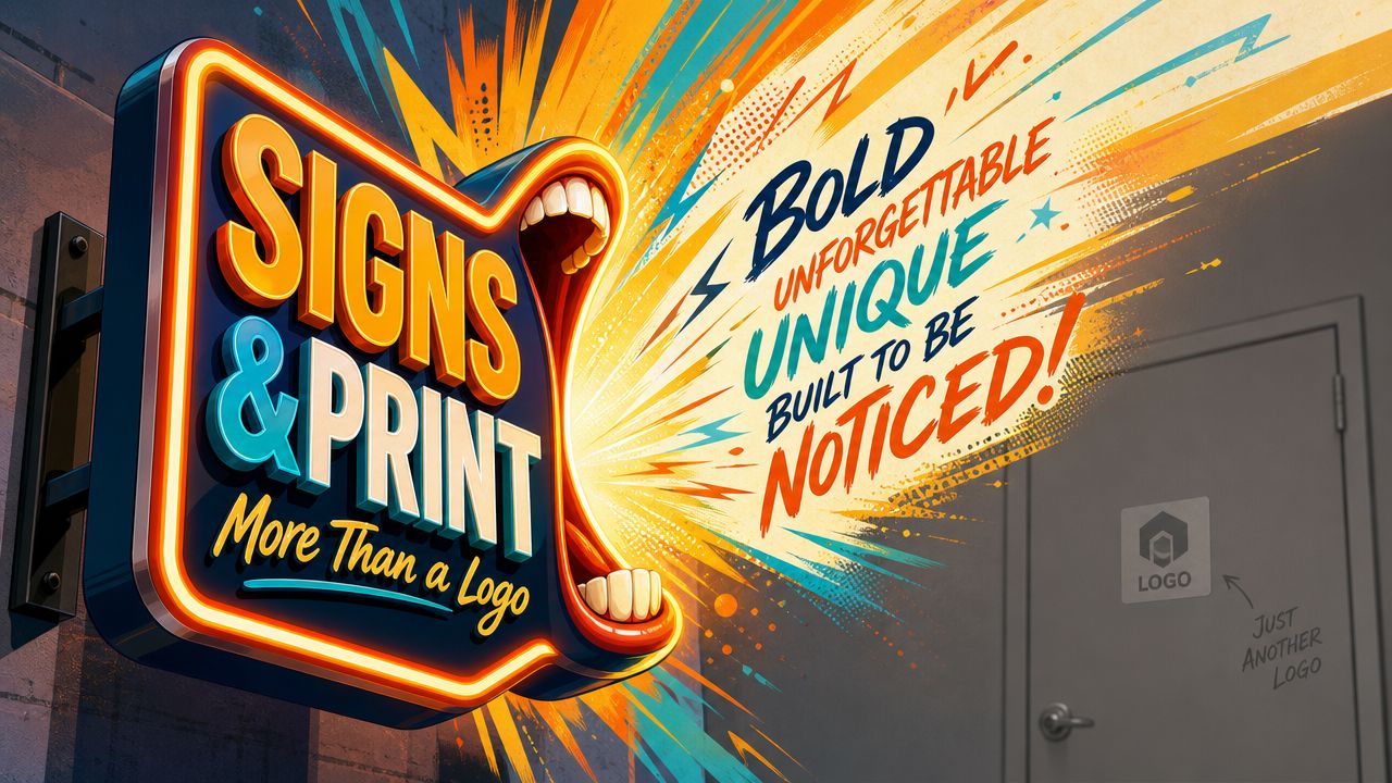 Een opvallend neonbord met de tekst 'Signs & Print' dat een schreeuwende mond uitbeeldt tegen een muur.