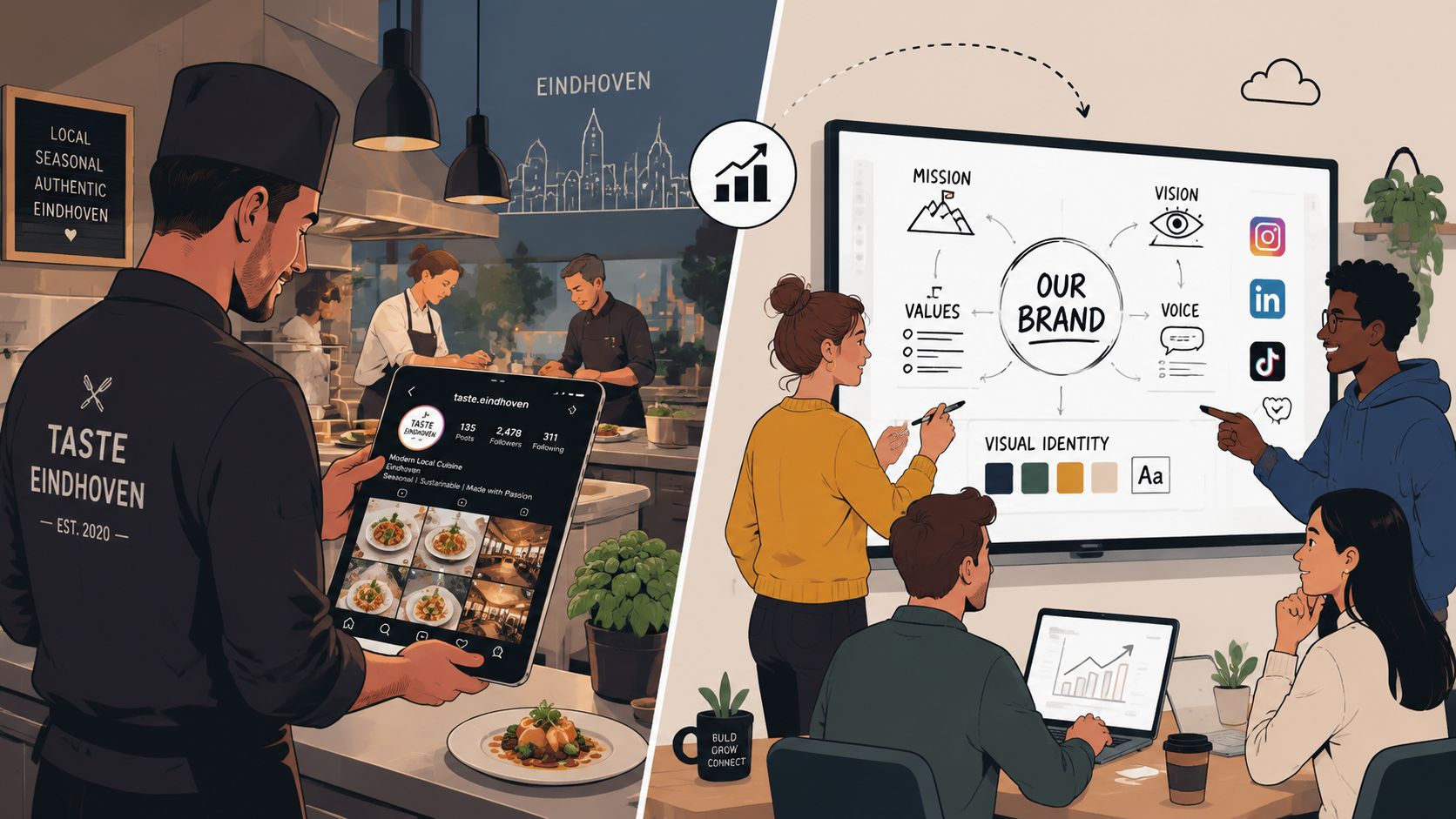 Een overzicht van het proces van social media branding voor het restaurant Taste Eindhoven door een team.