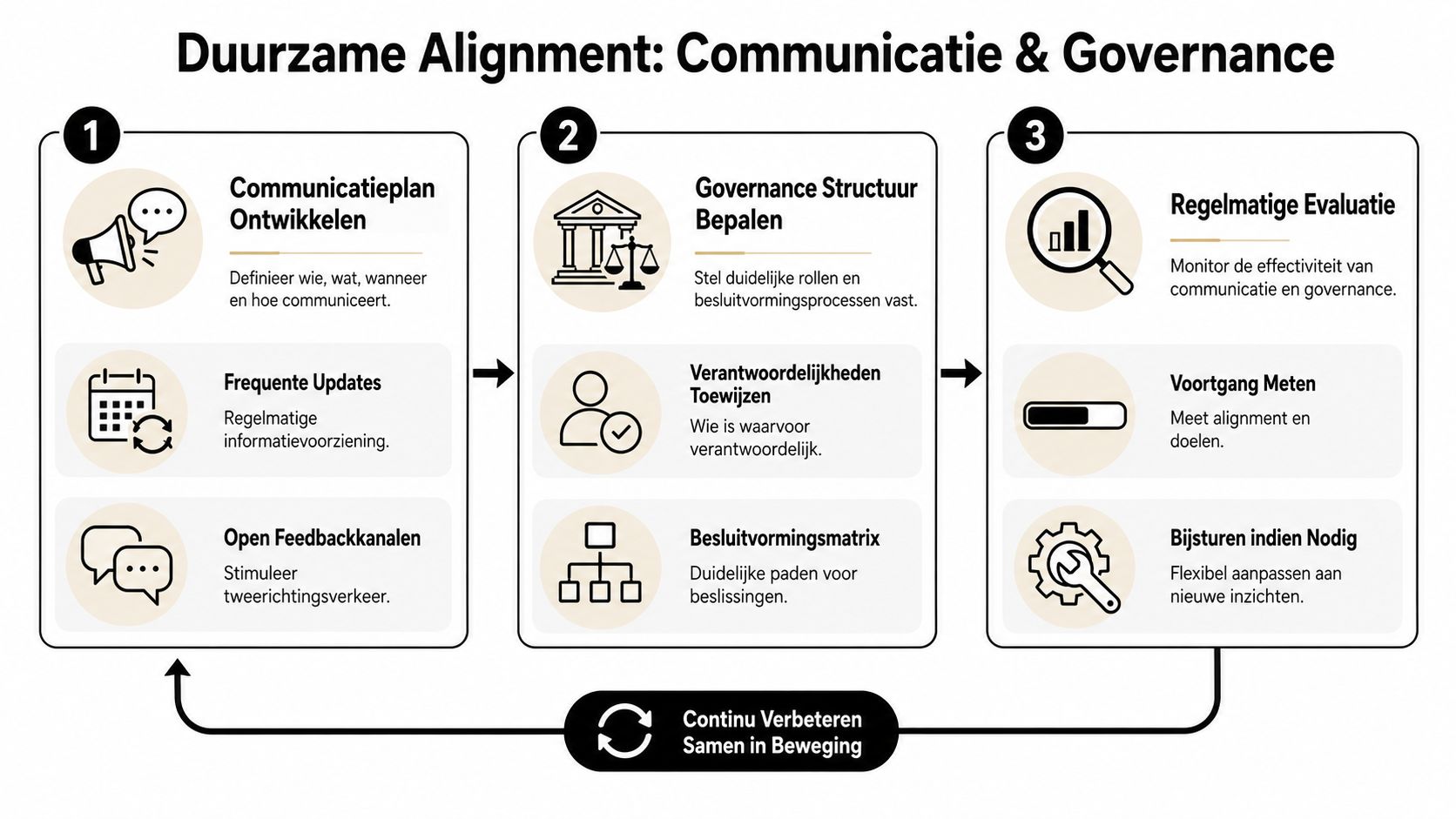 Een overzichtelijk stappenplan voor duurzame alignment door middel van effectieve communicatie en governance in een organisatie.