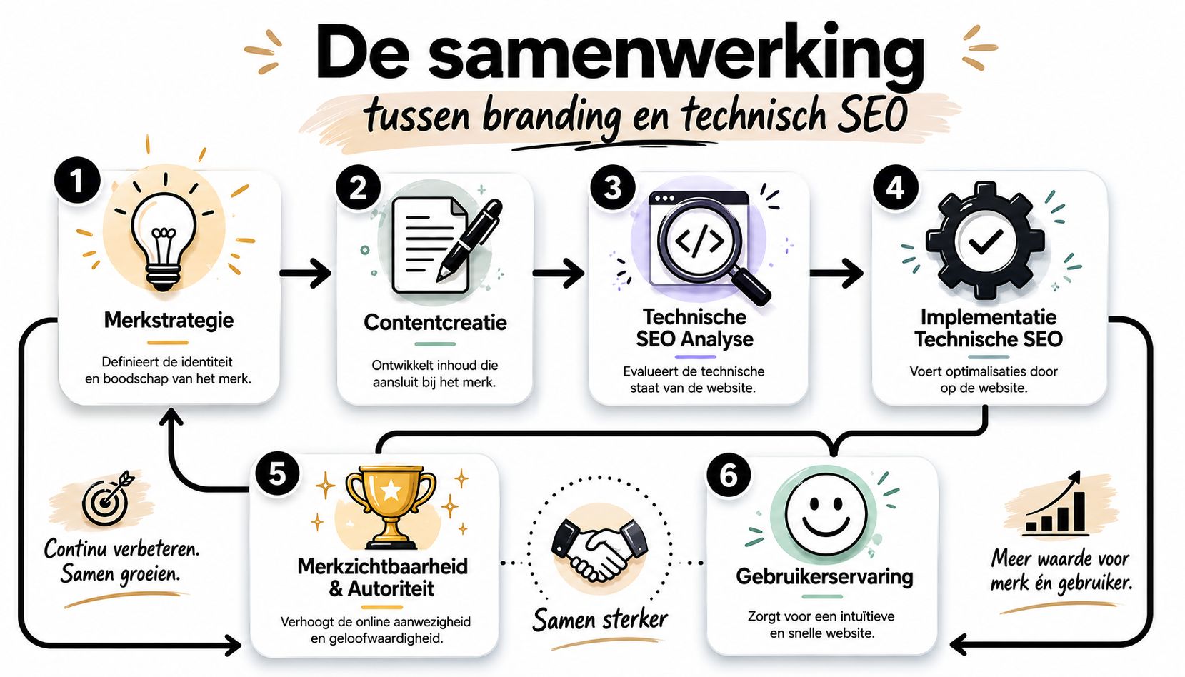 Een overzichtelijk procesdiagram dat de samenwerking tussen merkstrategie en technisch SEO-optimalisatie stapsgewijs in kaart brengt.
