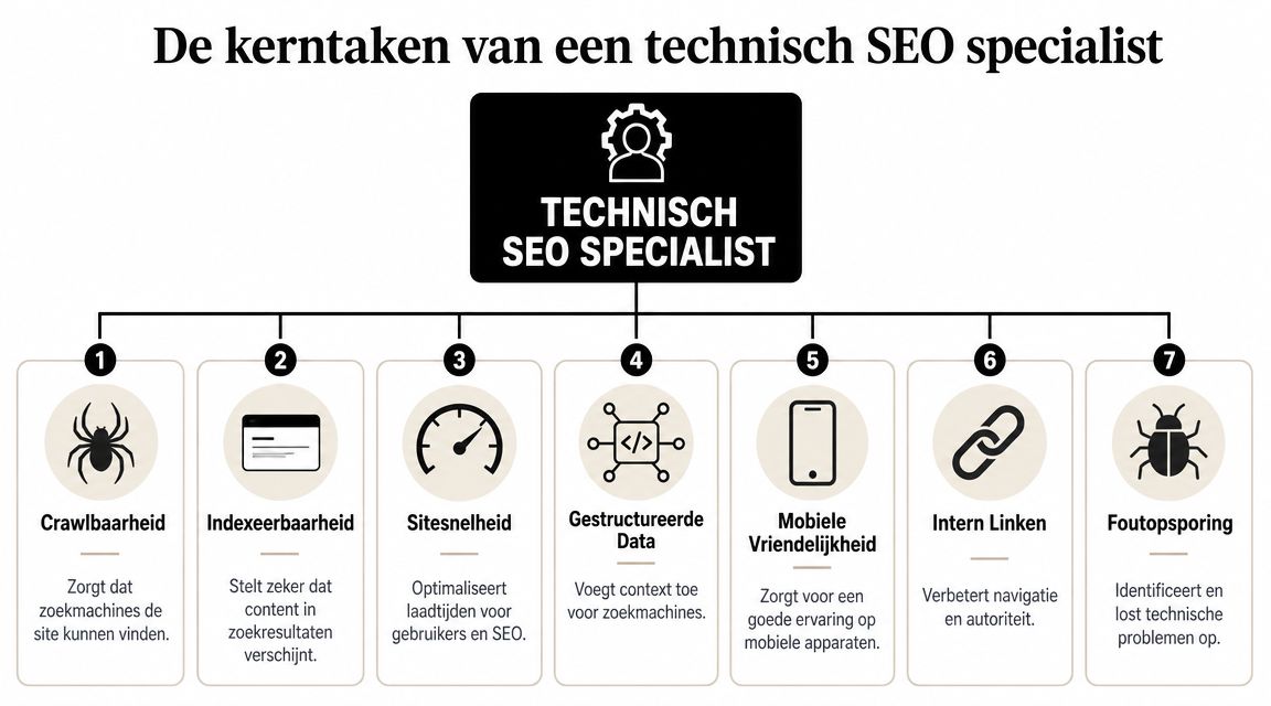 Een overzicht van de zeven kerntaken van een technisch SEO specialist in een duidelijk stroomdiagram.