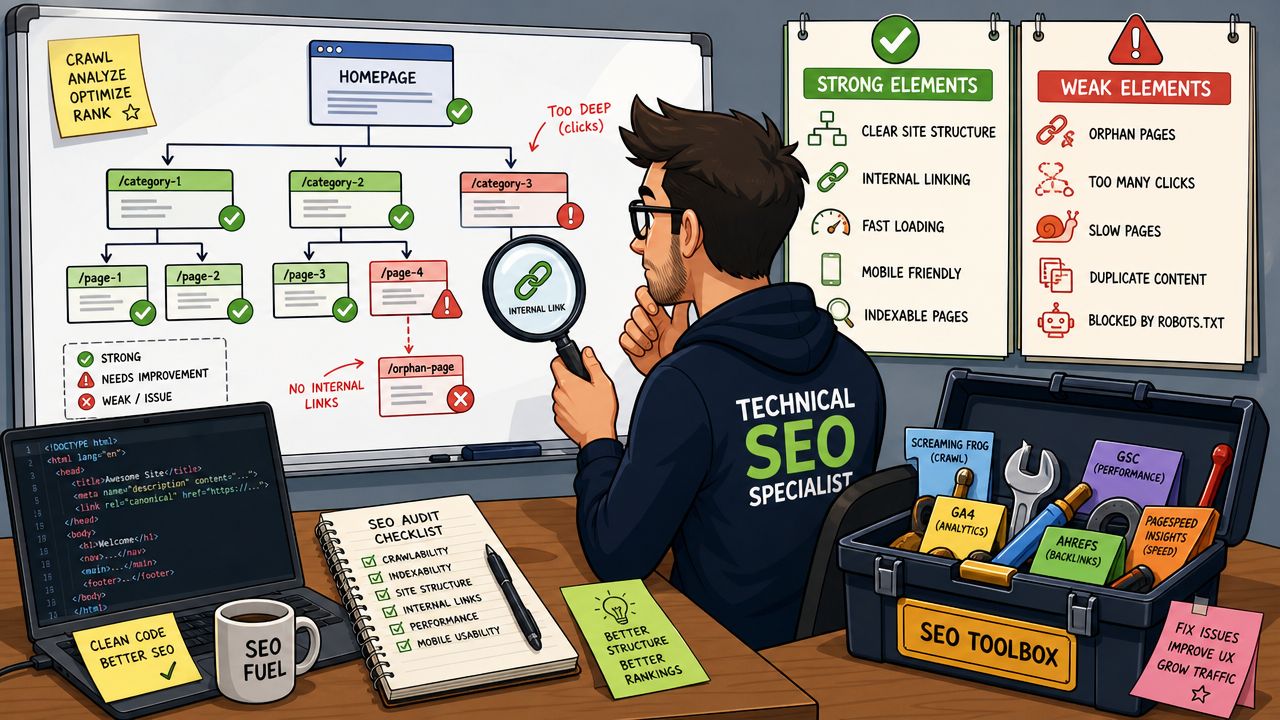 Een technisch SEO-specialist die een websitearchitectuur analyseert op een whiteboard om de zoekmachineprestaties te verbeteren.