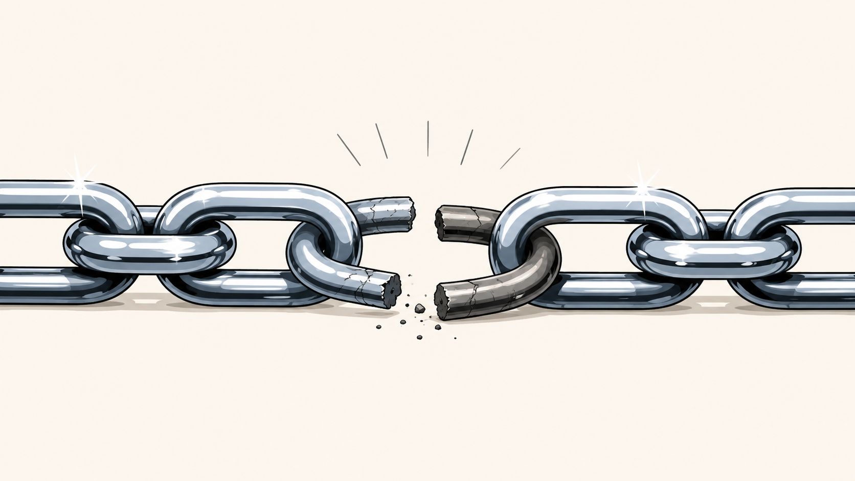 Een gebroken metalen ketting die een zwakke schakel of een verbroken verbinding in een proces symboliseert.