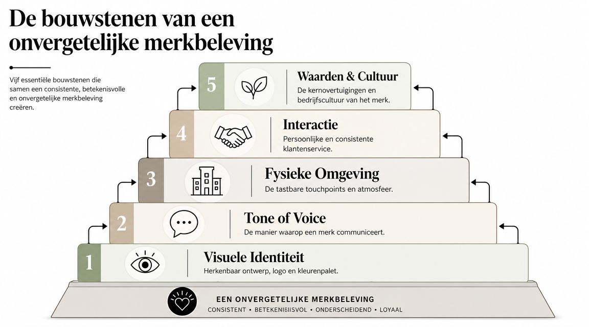Een infographic die de vijf bouwstenen voor een onvergetelijke merkbeleving in een piramidemodel overzichtelijk weergeeft.