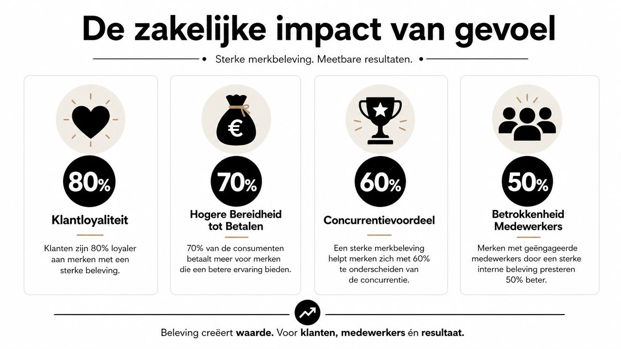Een infographic over de zakelijke impact van merkbeleving met statistieken over klantloyaliteit, betalingsbereidheid, concurrentievoordeel en medewerkersbetrokkenheid.
