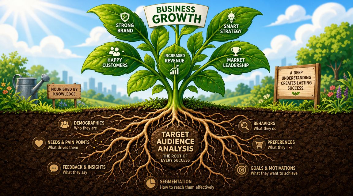 Een metaforische illustratie van een plant die uit wortels van doelgroepanalyse groeit voor zakelijke groei.
