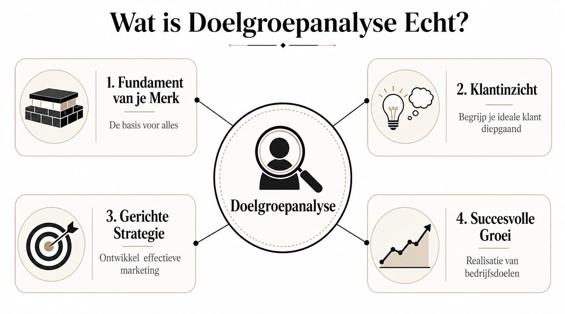 Een infographic die de vier kernstappen van een succesvolle doelgroepanalyse voor ondernemers in het bedrijfsleven weergeeft.
