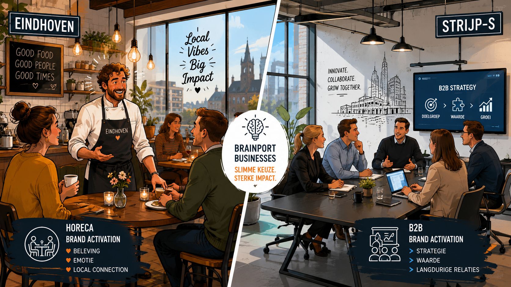 Een afbeelding die de vergelijking toont tussen horeca brand activation in Eindhoven en B2B strategie op Strijp-S.