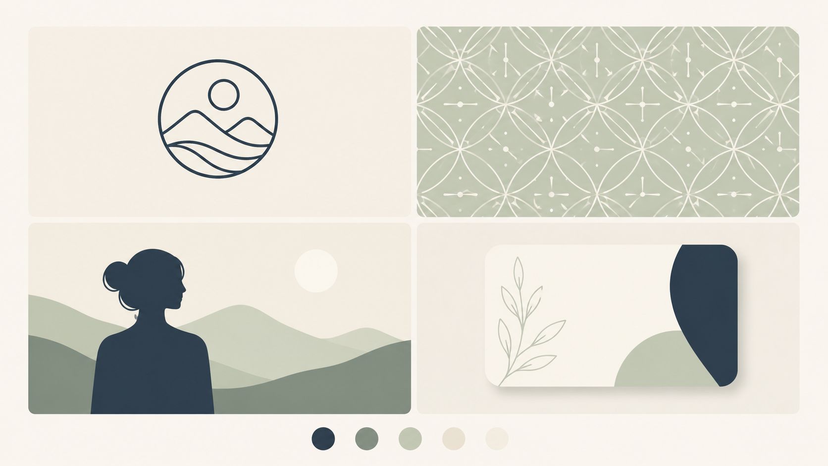 Een minimalistisch moodboard met grafische elementen, abstracte patronen en een rustig kleurenpalet voor merkidentiteit inspiratie.