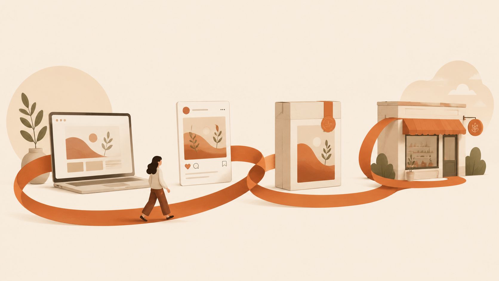 Een illustratie die een merkervaring toont van een website via sociale media naar een fysieke winkel.