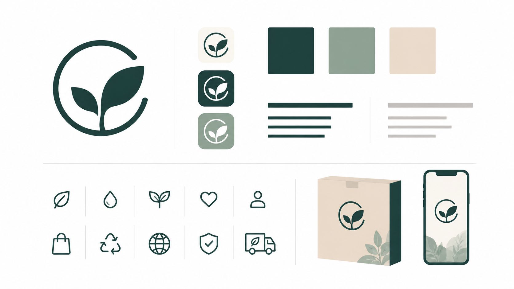 Een uitgebreide visuele merkidentiteitsgids met een minimalistisch bladvormig logo, kleurenpalet, iconen en mockup-voorbeelden voor duurzame verpakkingen.