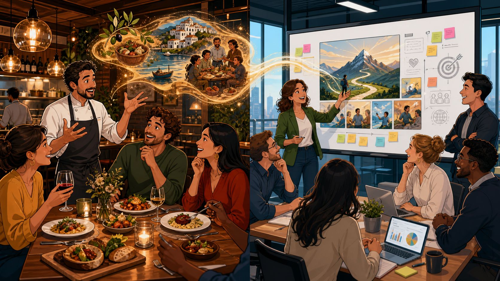 Een vergelijking tussen het vertellen van een verhaal in een restaurant en zakelijke storytelling op kantoor.