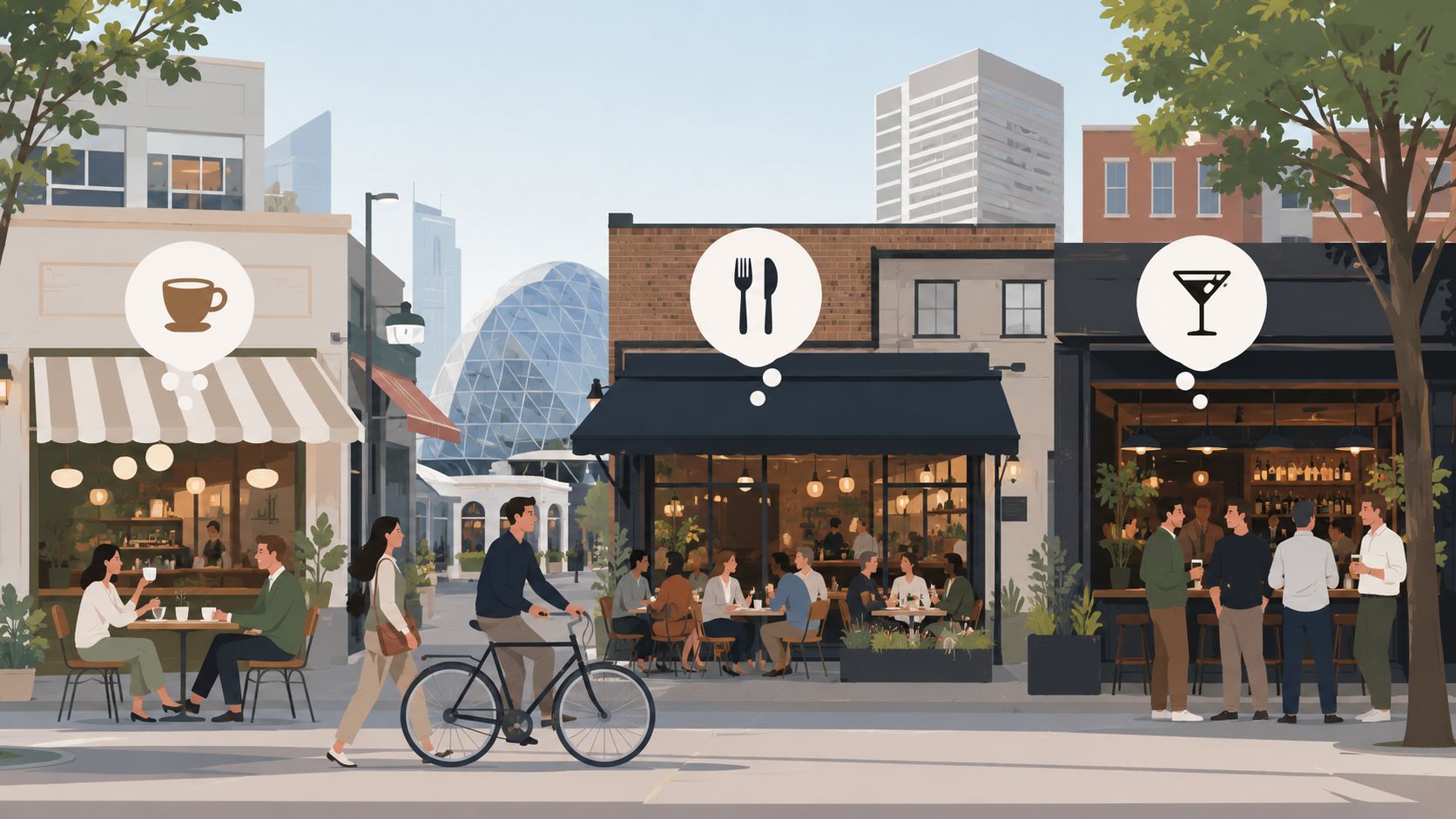 Een straatbeeld met verschillende etablissementen zoals een koffiebar, restaurant en bar voor diverse horecagelegenheden.