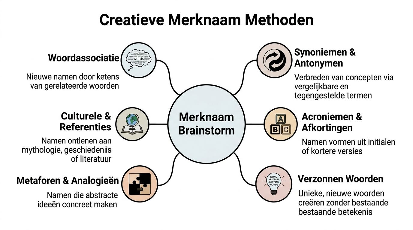 Een mindmap die verschillende creatieve methoden toont voor het bedenken van een passende merknaam voor een bedrijf.