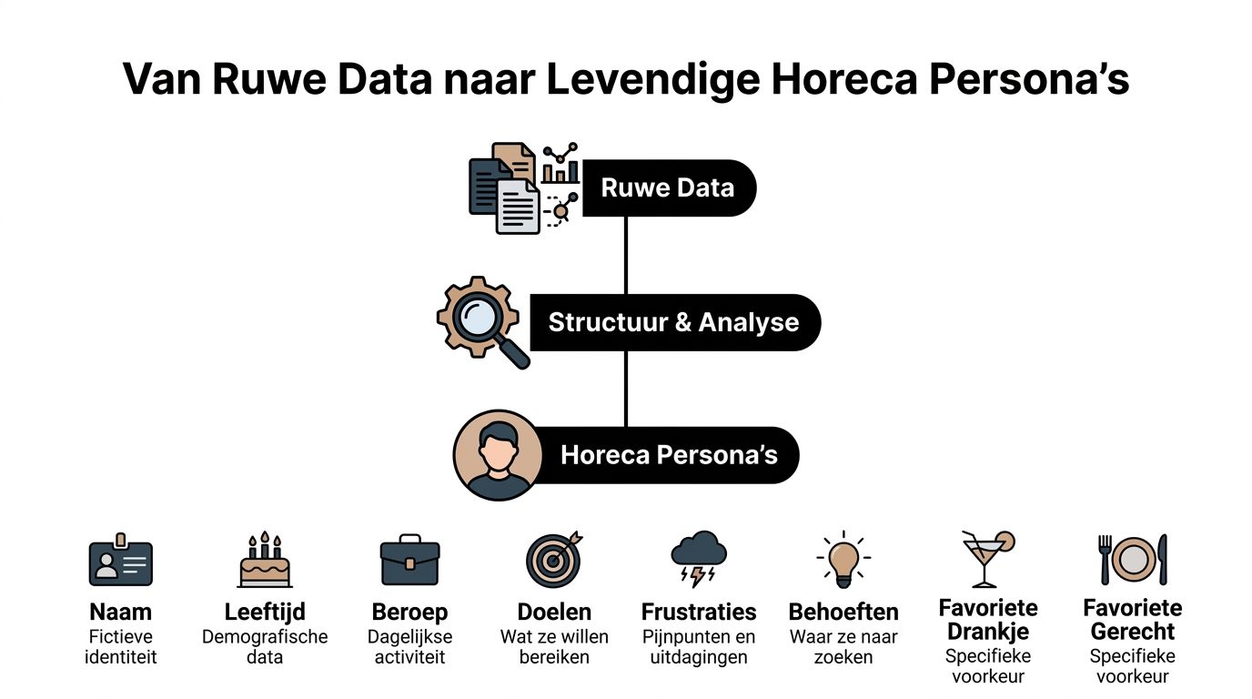 Stroomschema dat laat zien hoe ruwe data wordt omgezet in levendige horeca persona's met specifieke profielkenmerken.