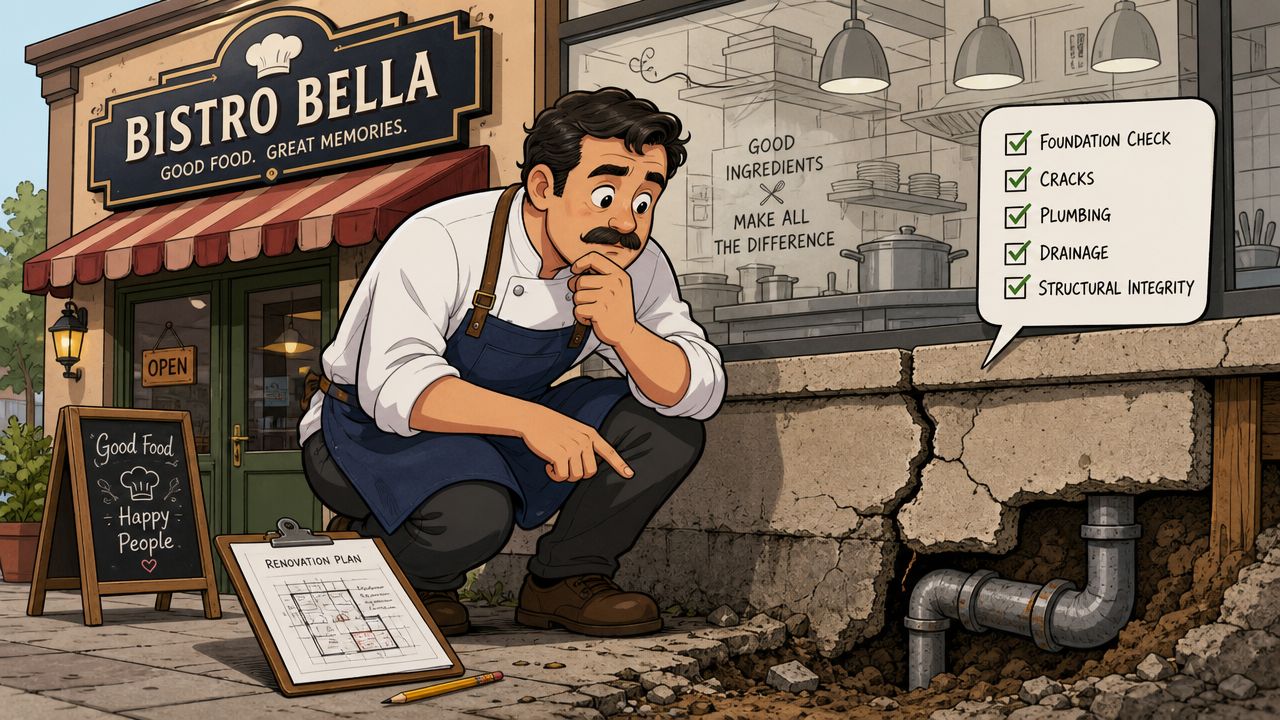 Een chef-kok inspecteert de fundering en leidingen van Bistro Bella voor een grondige renovatie en verbouwing.
