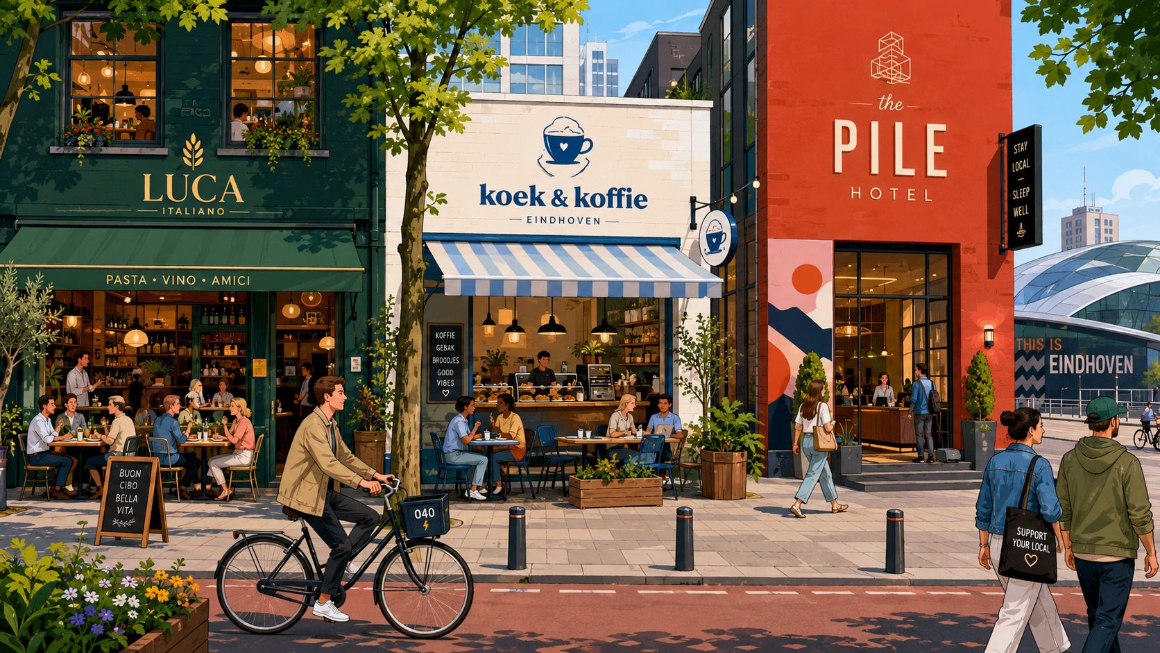 Een gezellige straat in Eindhoven met restaurants, een koffietentje en een hotel onder een heldere lucht.