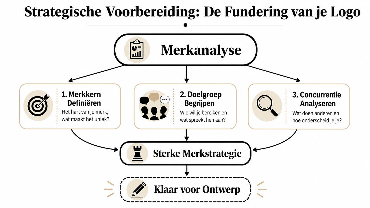 Een stroomschema over strategische voorbereiding, de fundering van je logo, inclusief merkanalyse, merkstrategie en het ontwerpproces.