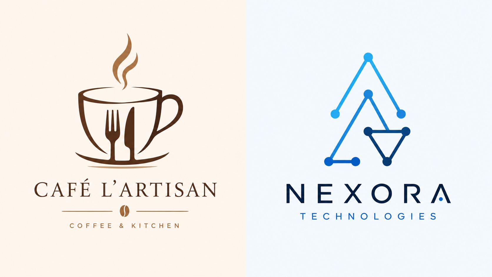 Twee verschillende bedrijfslogo's naast elkaar: een bruin koffie-icoon en een blauw technologisch netwerklogo voor branding.