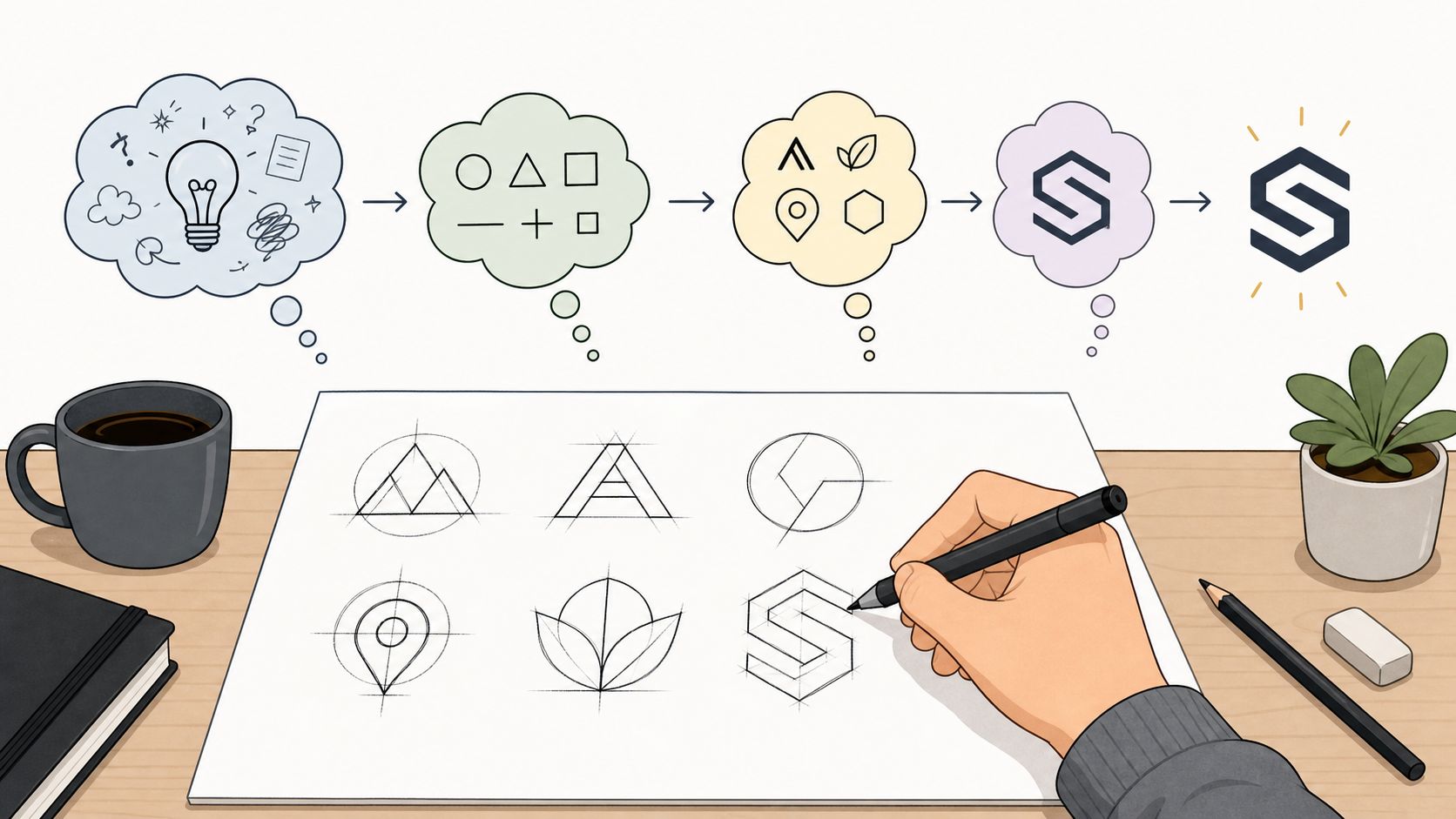 Een artiest tekent logo-ontwerpen op papier, met illustraties van het creatieve proces in denkwolken erboven.