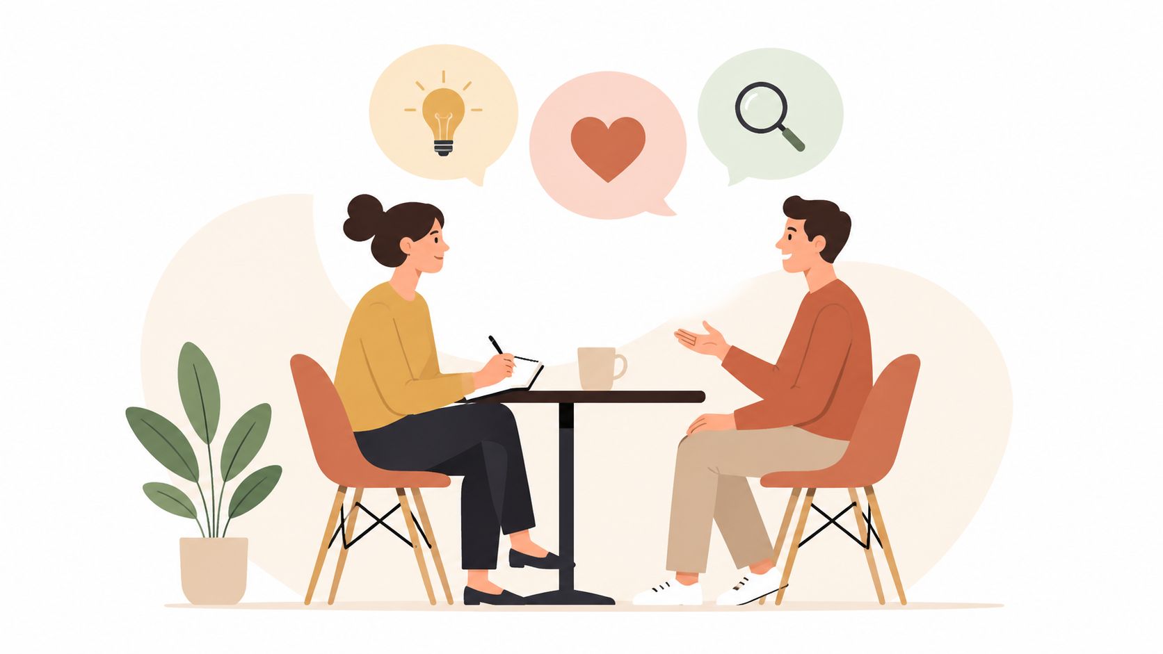 Een man en een vrouw zitten aan een tafel en voeren een professioneel gesprek met creatieve iconen.