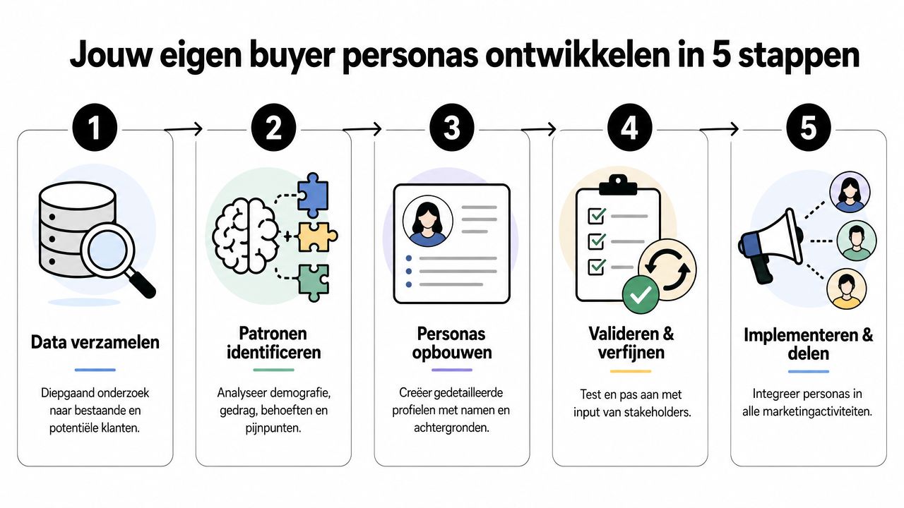 Een infographic met vijf stappen voor het ontwikkelen van je eigen buyer persona's voor effectieve marketing.