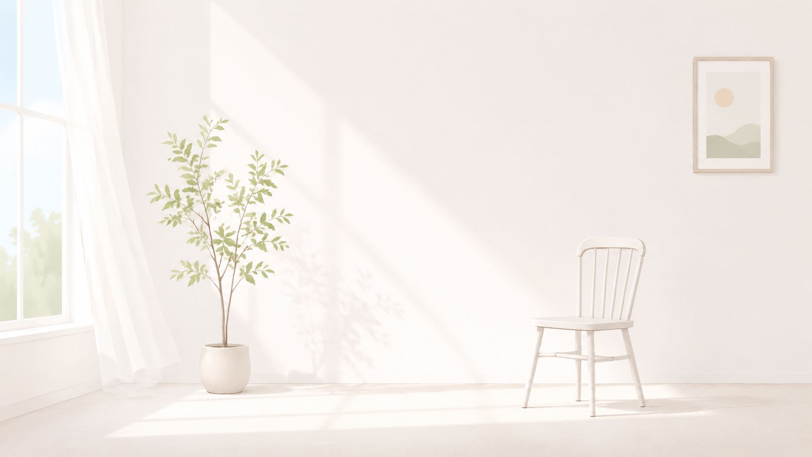 Een minimalistische lichte kamer met een witte houten stoel, een kamerplant en een abstract schilderij aan de muur.