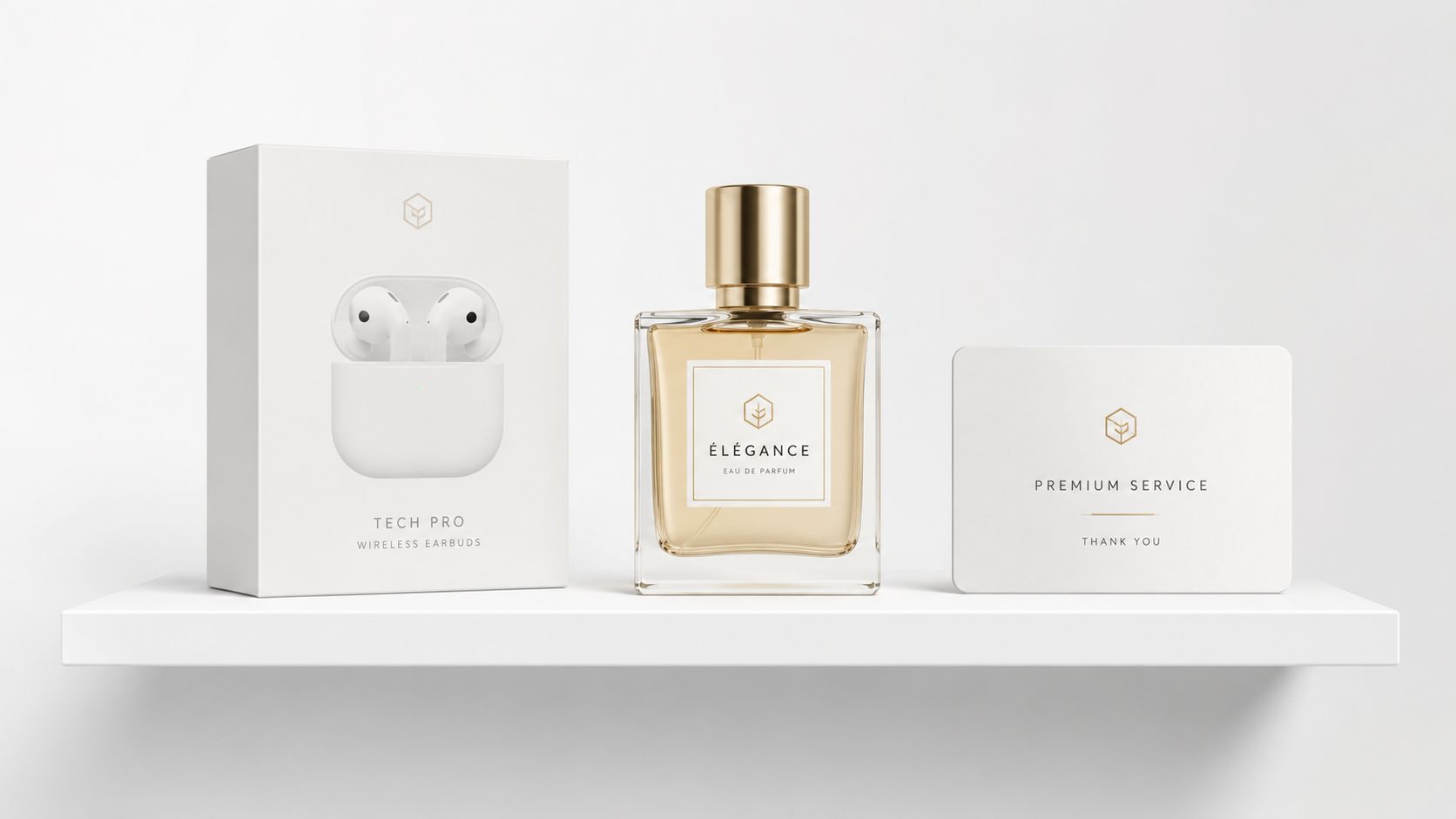 Een luxe productdisplay met een doos oordopjes, een fles parfum en een bedankkaartje op een witte plank.