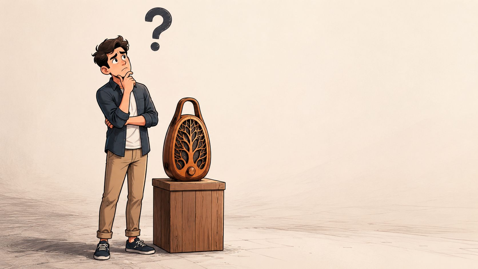 Een jonge man denkt na over een houten luidspreker die op een sokkel in een lege ruimte staat.