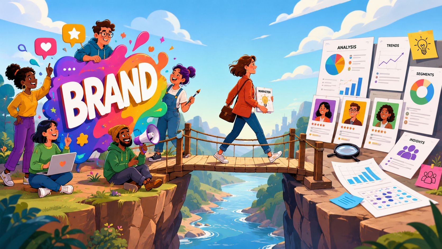 Een team van creatieve professionals werkt samen aan branding en doelgroepsegmentatie in een inspirerend landschap met data-analyse.