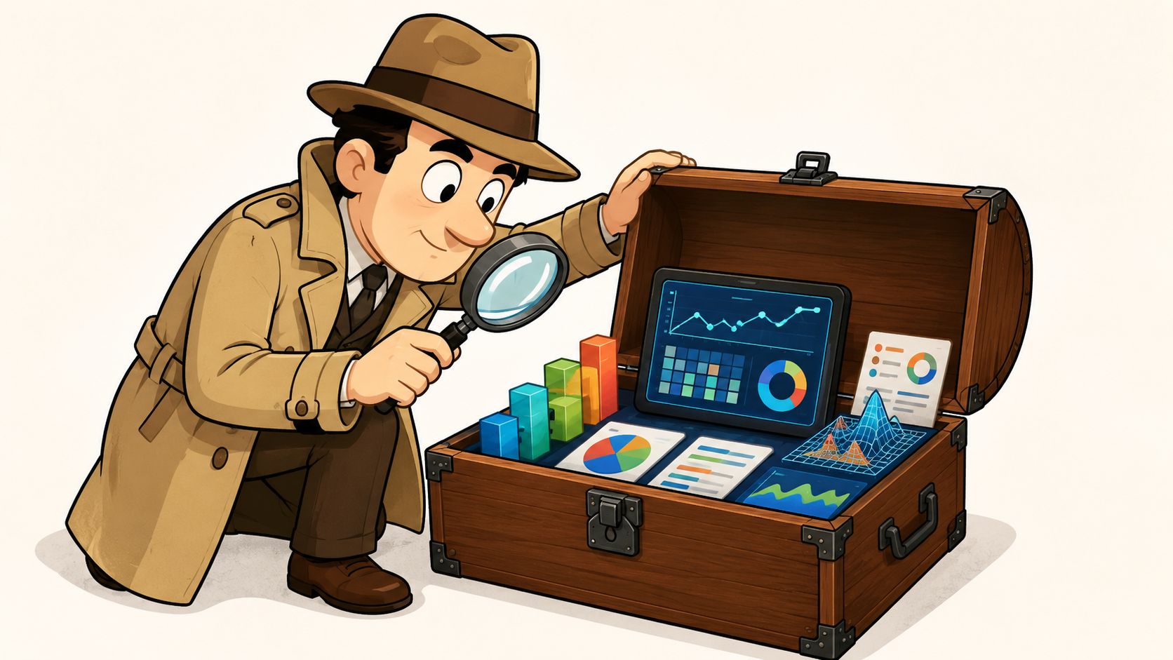 Een stripfiguur detective onderzoekt met een vergrootglas verschillende datavisualisaties en grafieken in een houten kist.