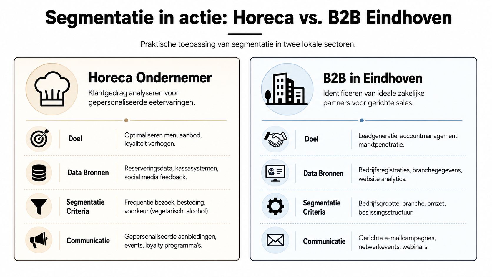 Een infographic die doelgroepsegmentatie in de horeca vergelijkt met B2B-marketingstrategieën in Eindhoven.