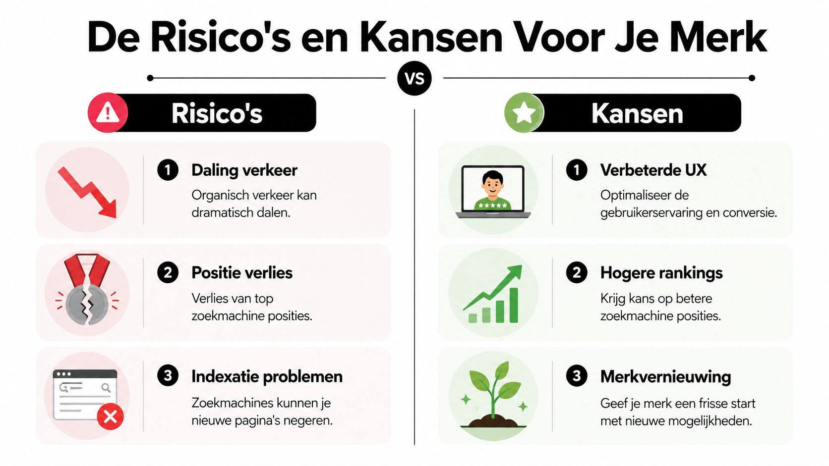 Een infographic die de risico's en kansen van een SEO-migratie voor jouw merk vergelijkt en toelicht.