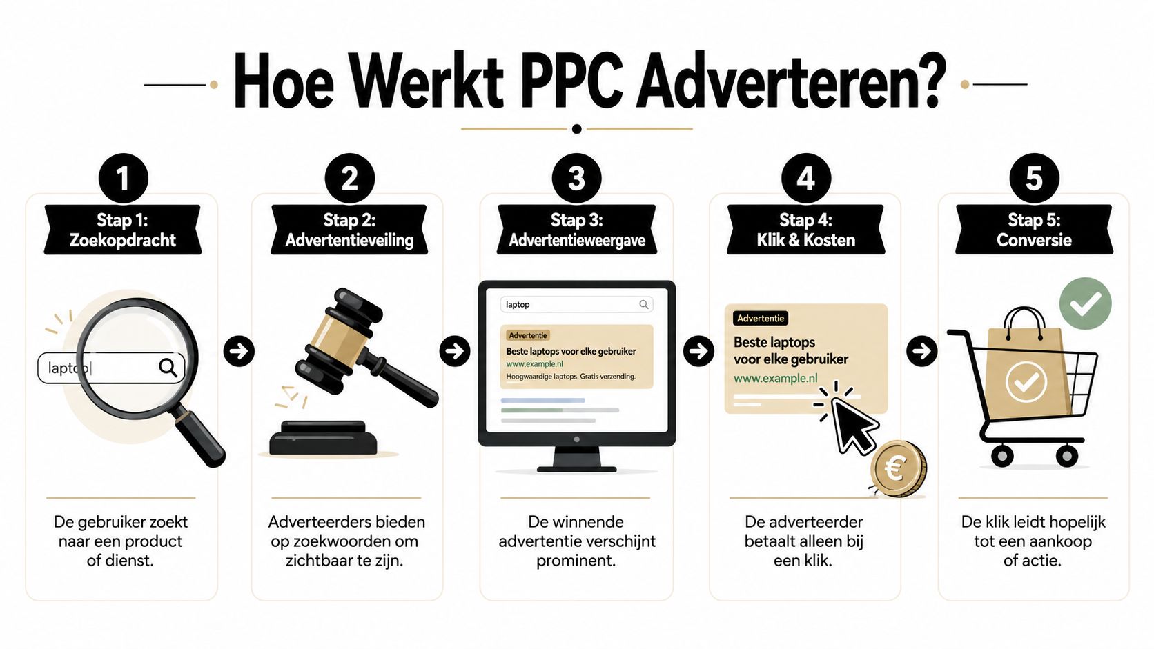 Een overzichtelijk stappenplan in vijf delen dat laat zien hoe PPC adverteren werkt voor bedrijven.