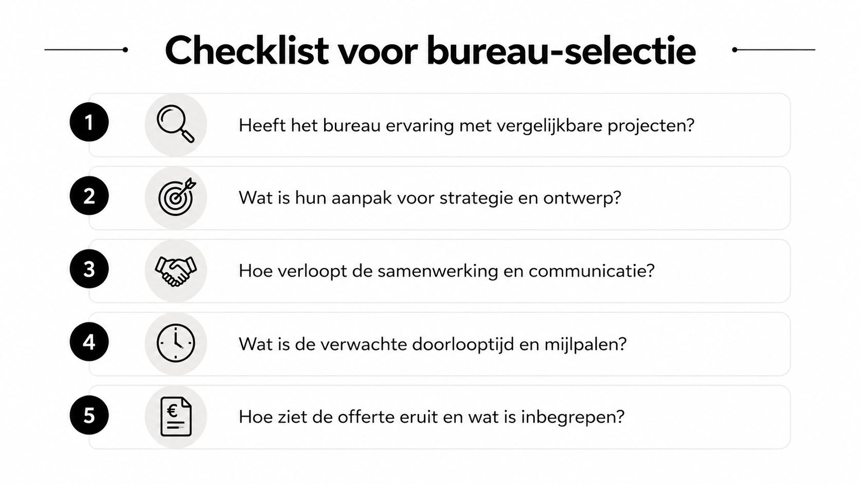 Een checklist voor bureau-selectie met vijf belangrijke vragen voor het kiezen van een professionele partner.