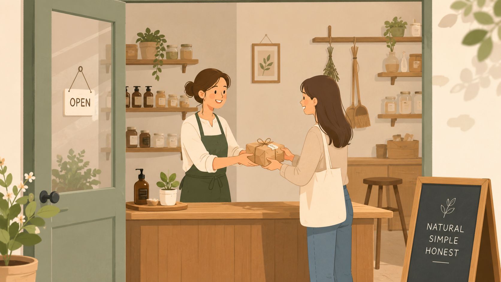 Een vriendelijke winkelmedewerker overhandigt een duurzaam verpakt pakketje aan een glimlachende klant in een sfeervolle natuurwinkel.