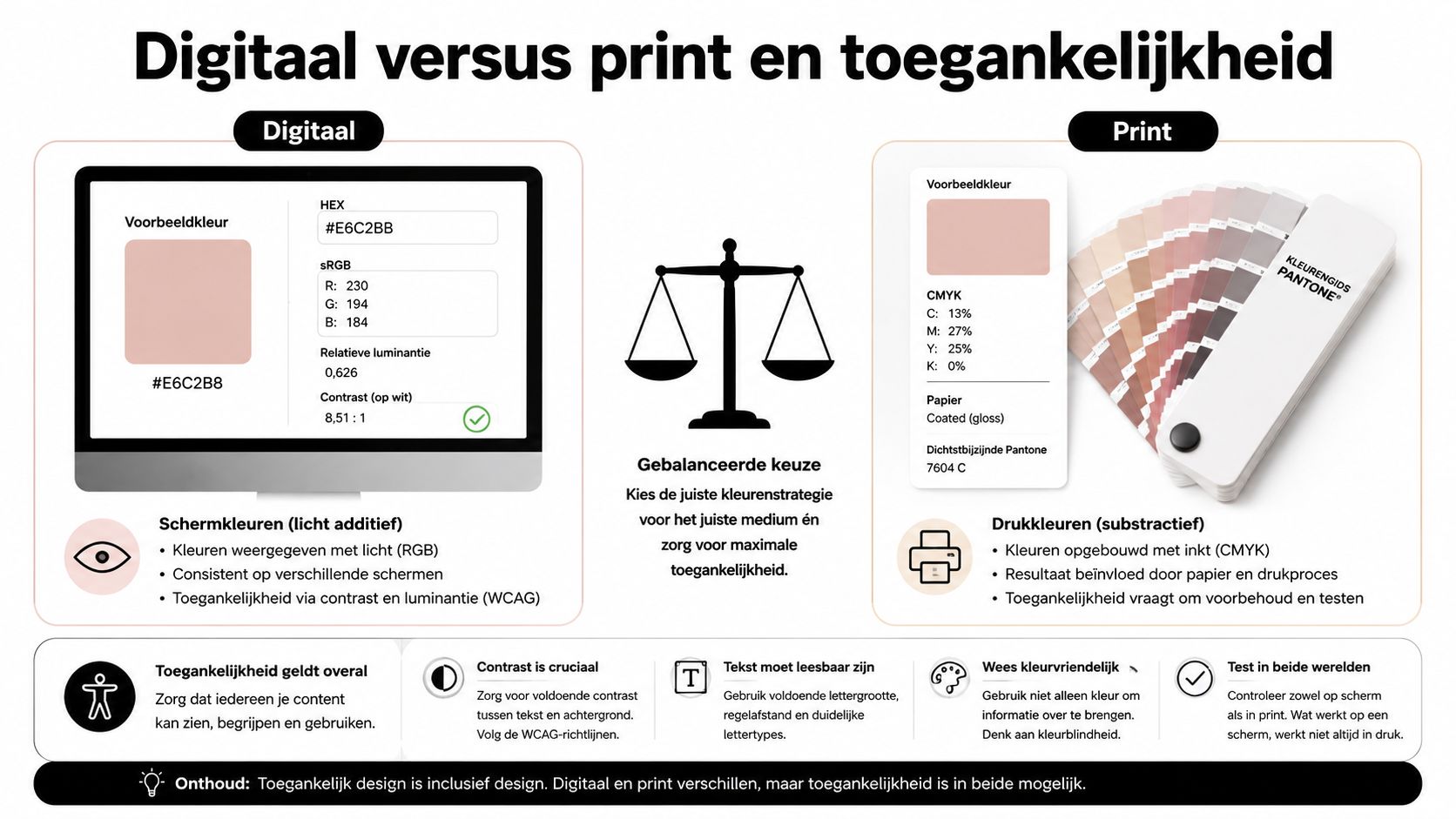 Een infographic die de verschillen en toegankelijkheidsvereisten tussen digitale en geprinte kleurgebruik illustreert voor ontwerpers.