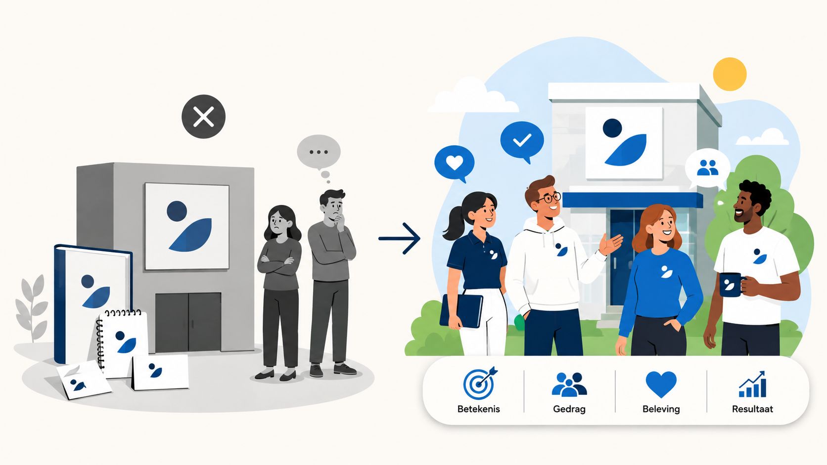 Een illustratie die de overgang toont van een zielloze bedrijfshuisstijl naar een levendige, mensgerichte corporate identity strategie.